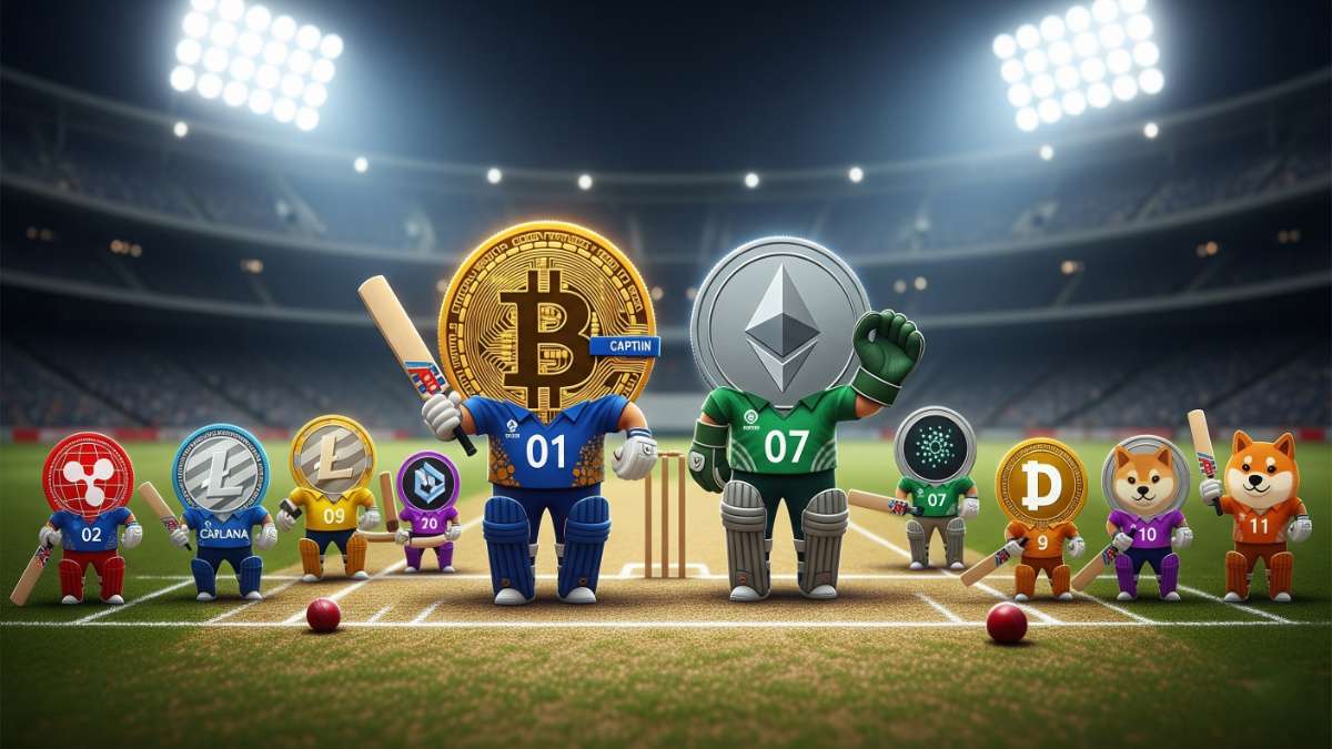 glowing digital coins wearing cricket jerseys with Bitcoin as captain, Ethereum as all-rounder, and small altcoins as batsmen