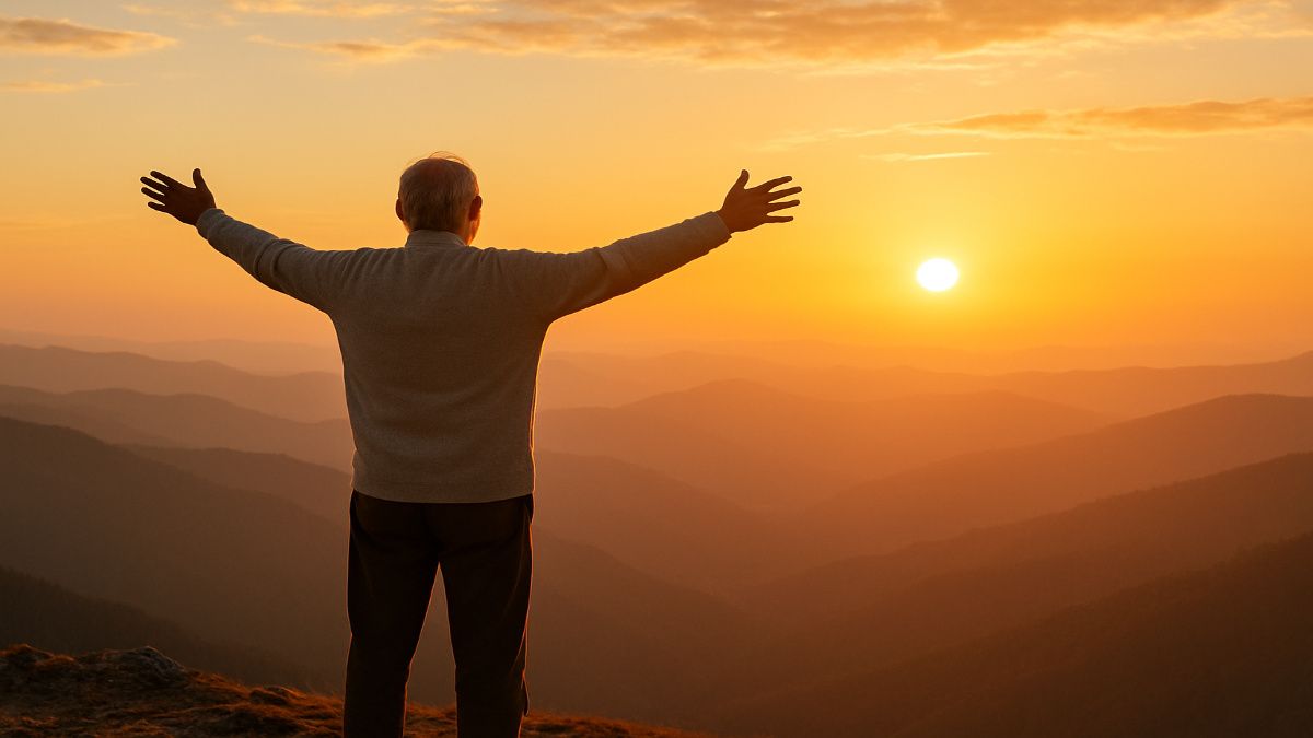 Elderly person standing on mountain top with open arms