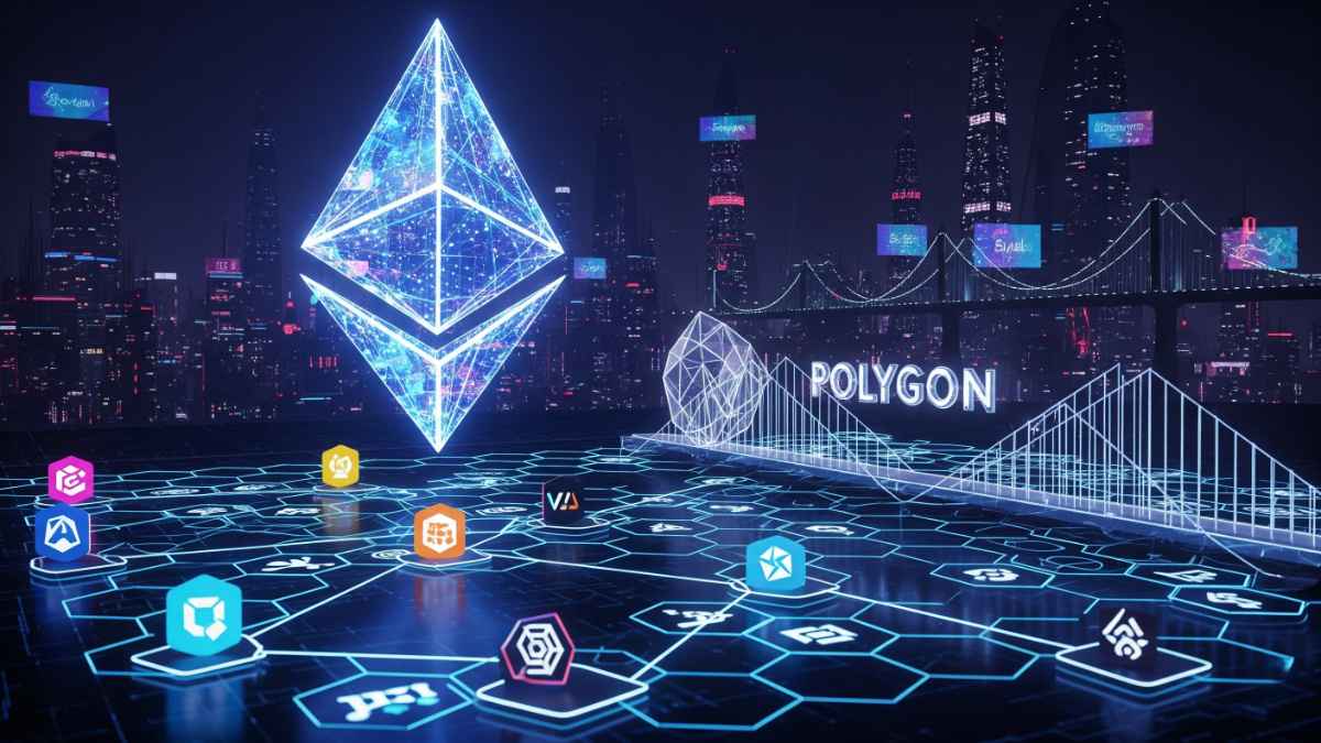Ethereum logo glowing like a crystal above a digital app store grid, with Polygon (MATIC) logo as a bridge connecting apps, futuristic Indian tech city background