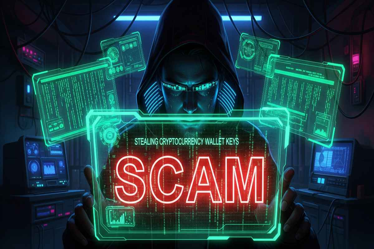 Hacker in dark room with green code, stealing cryptocurrency