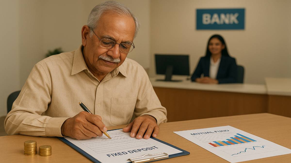 Senior Indian man filling fixed deposit form at bank