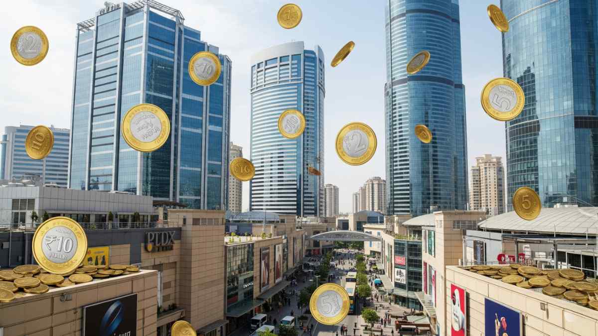 Rupee coins raining on office towers