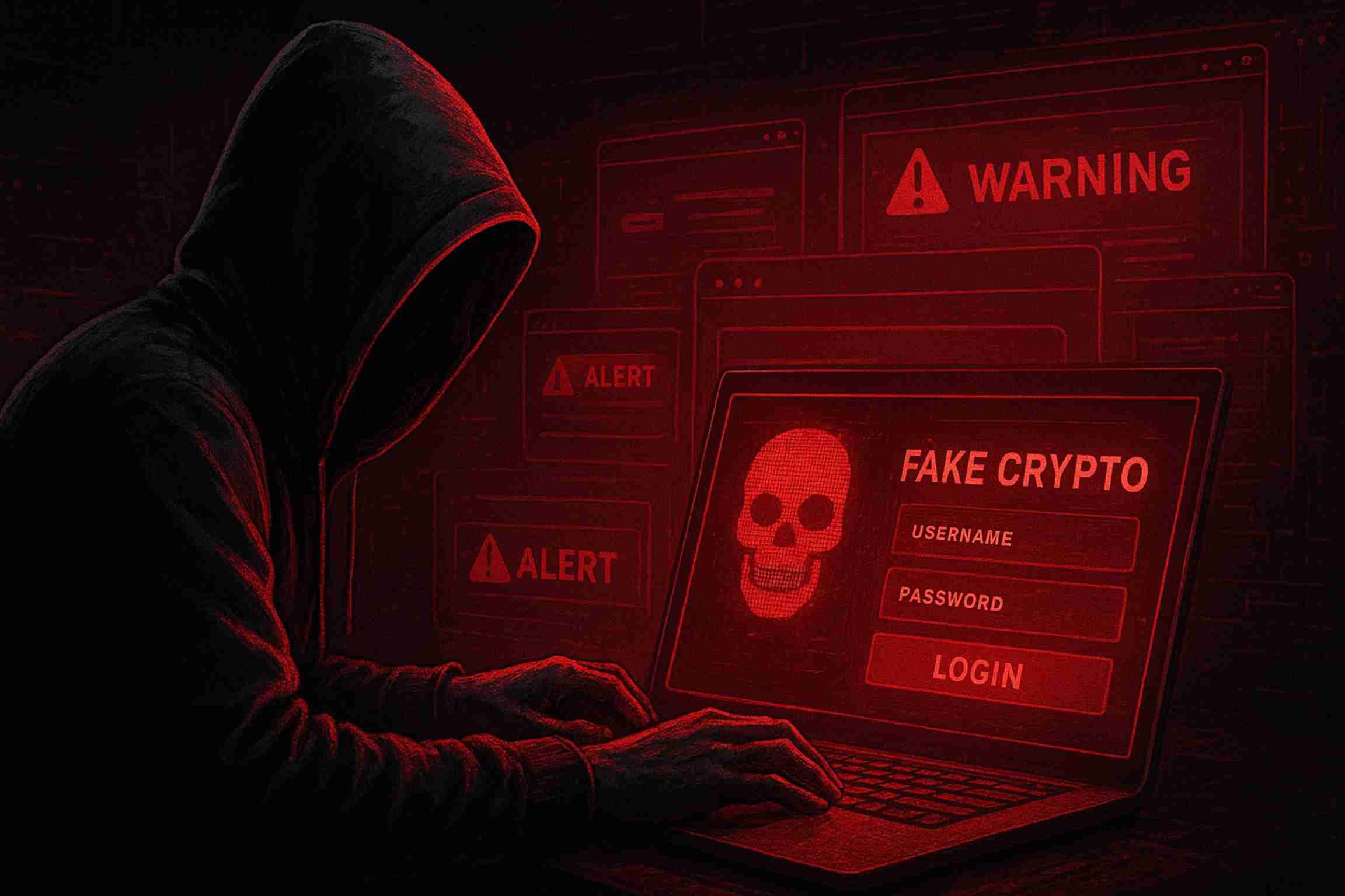 Hacker with hooded face typing on laptop