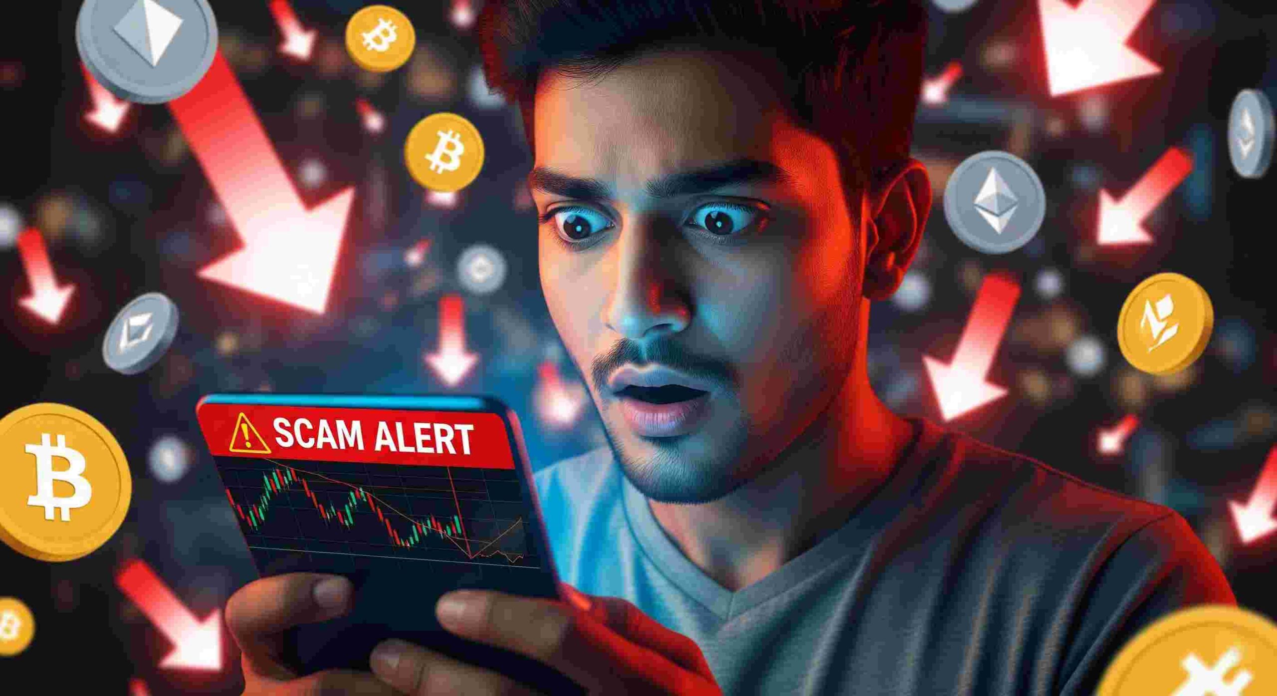 Young Indian man shocked while looking at mobile screen showing SCAM ALERT