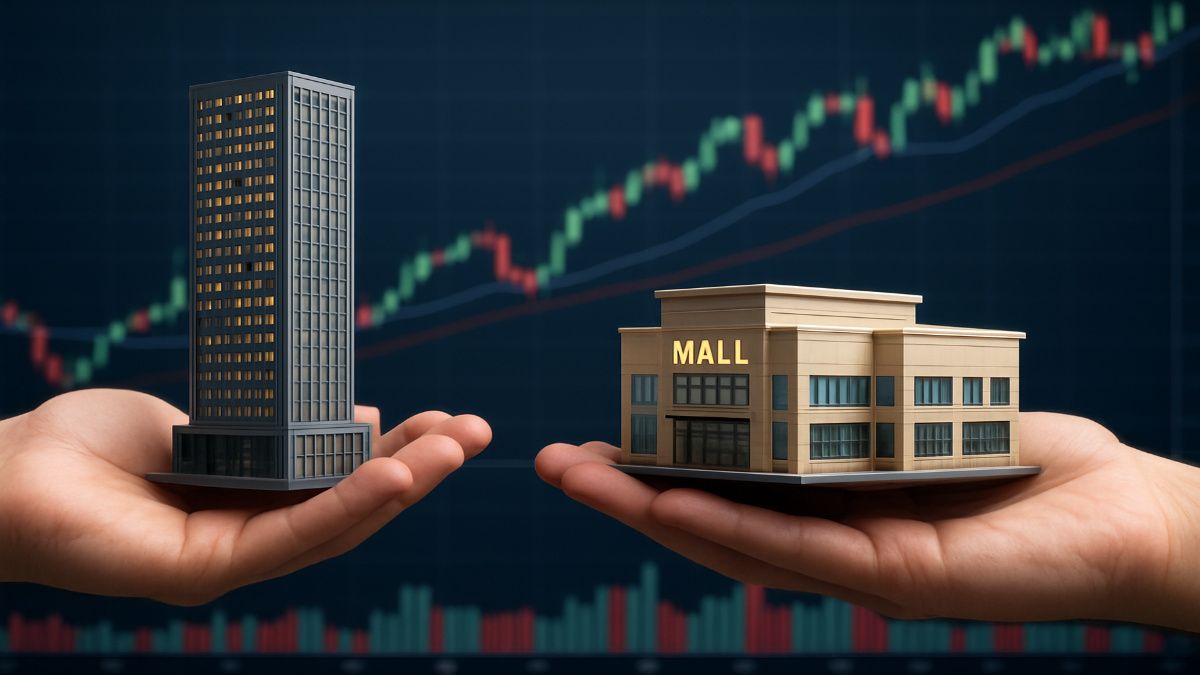 Hands holding a miniature office tower and shopping mall