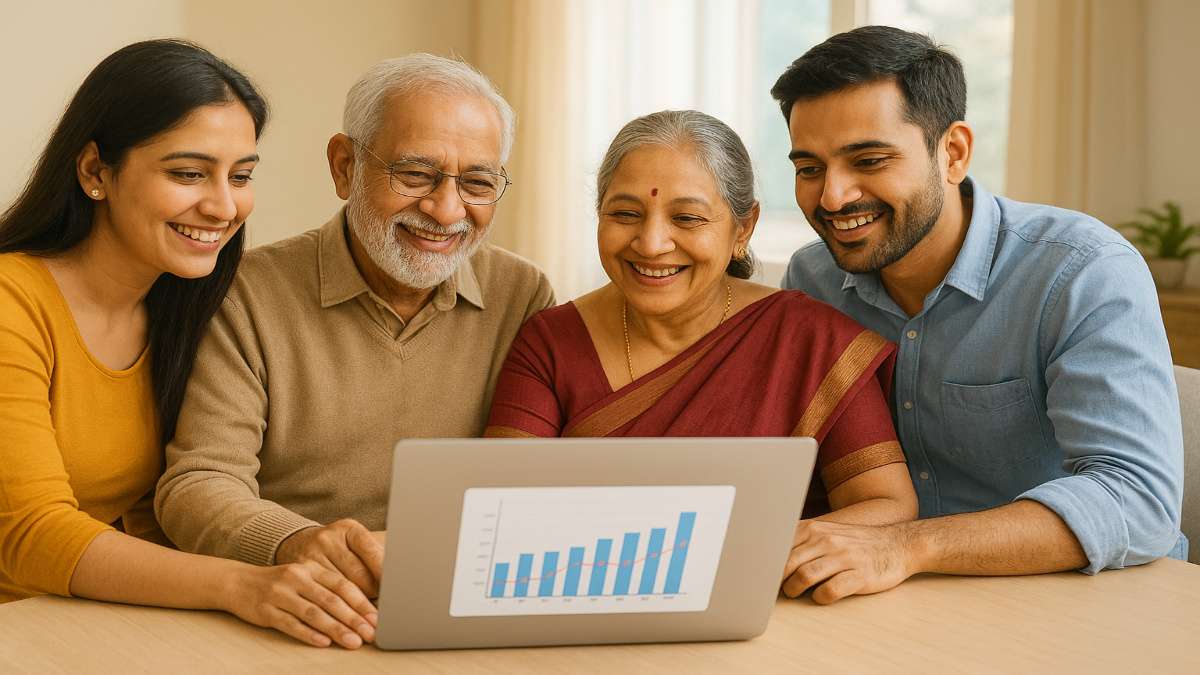 Old Indian couple with children at home