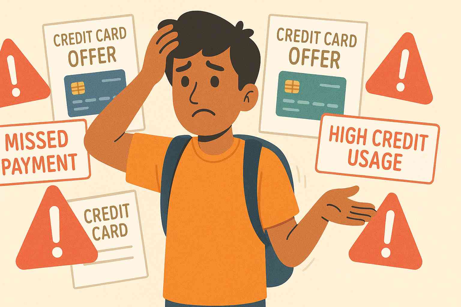 A young Indian student standing confused in front of multiple credit card offers and warning signs like ‘Missed Payment’, ‘High Credit Usage’, cartoon-style infographic