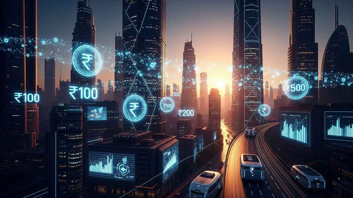 Futuristic Indian city skyline with holographic Rupee symbols and blockchain grids
