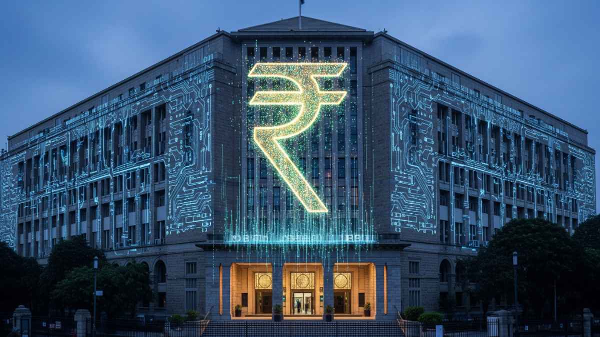 Indian Reserve Bank building with a giant glowing digital Rupee