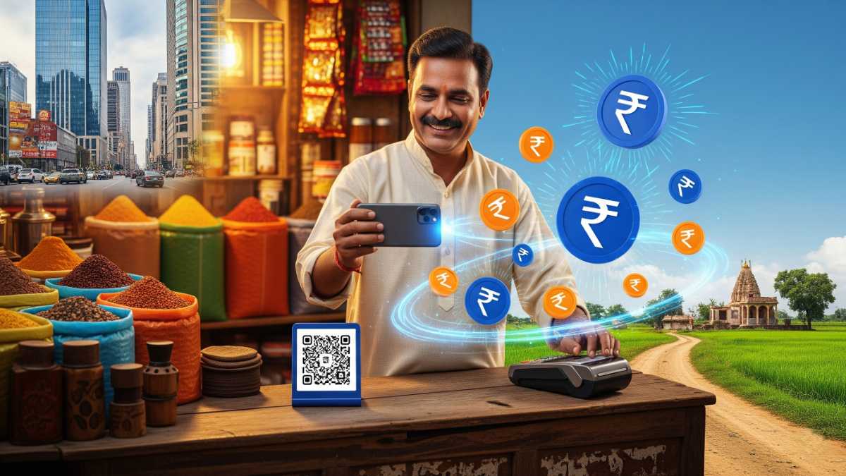 Indian shopkeeper scanning a QR code for payment