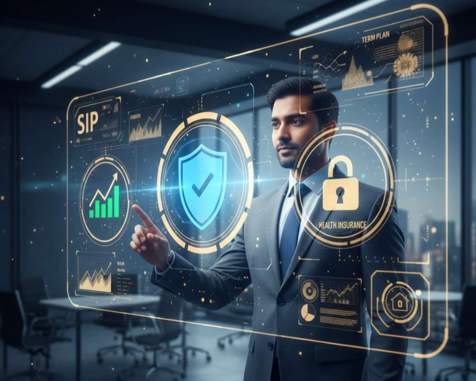 Indian man seeing SIP charts on futuristic screen