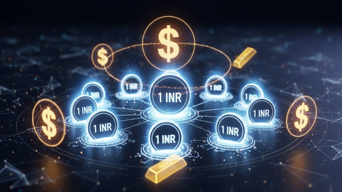Stablecoins with glowing tokens labeled 1 INR