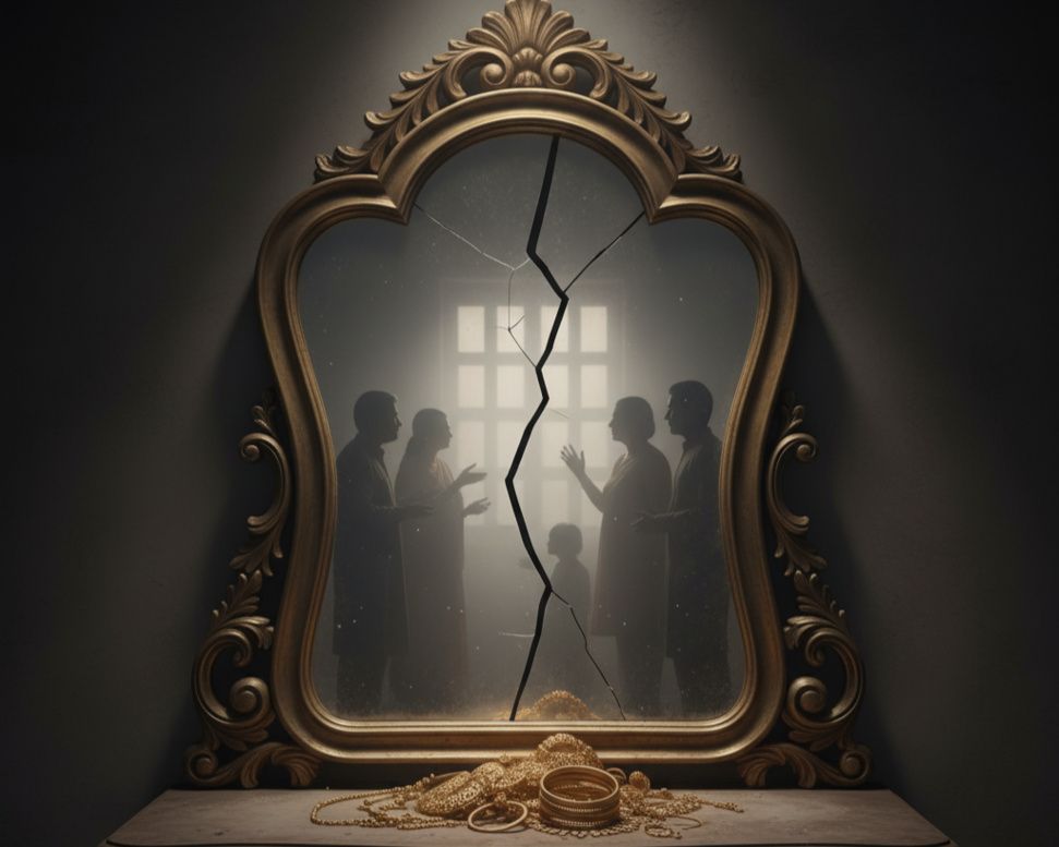 family fight in broken mirror over gold