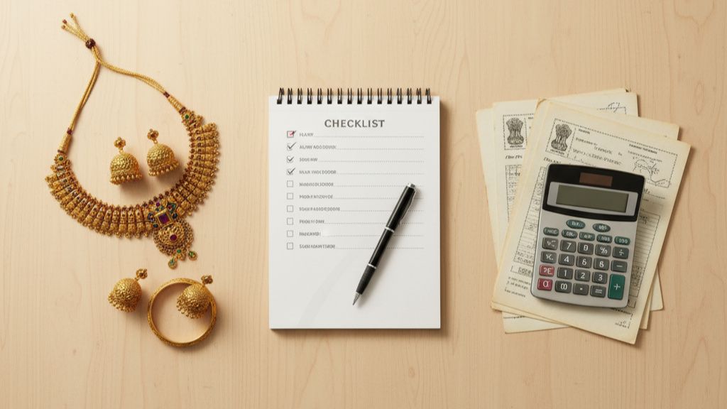 gold jewellery with checklist and calc