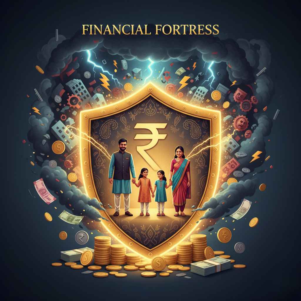 Golden shield protecting family in emergency