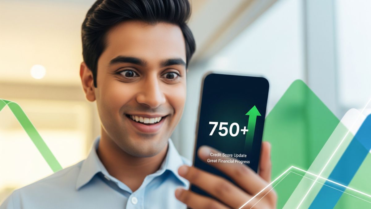 Happy person checking smartphone showing credit score rising to 750+