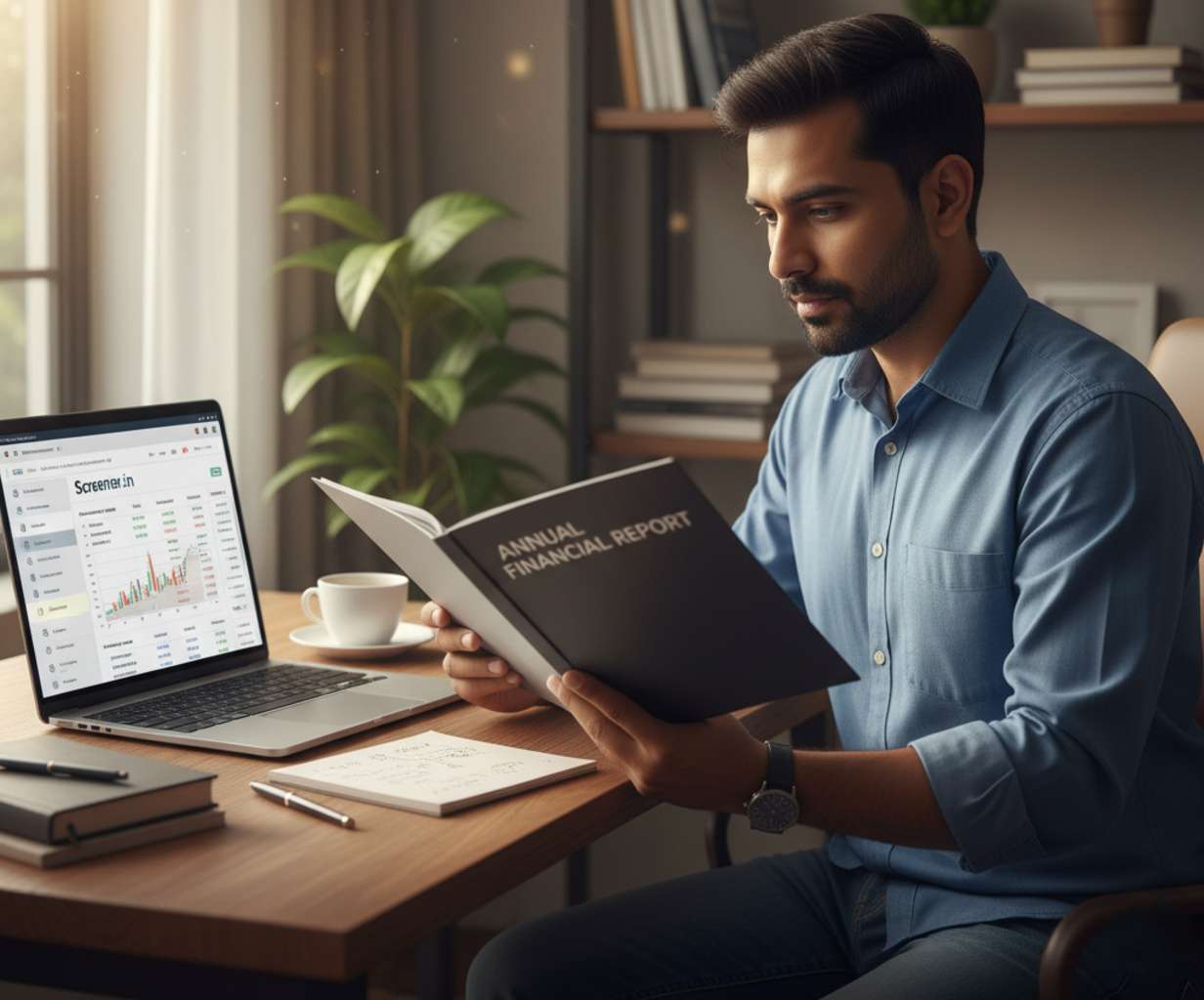 Indian man using screener on laptop