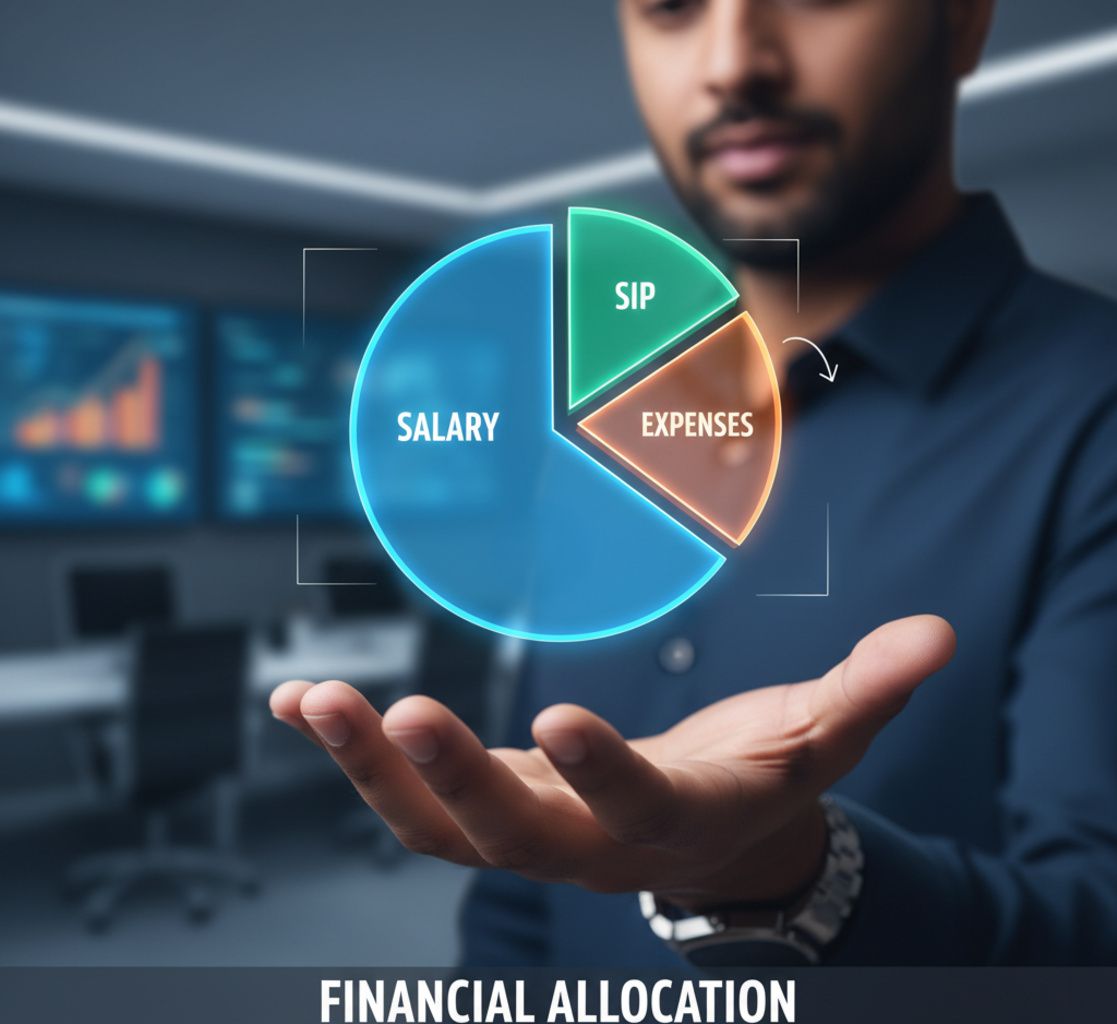 Indian man with salary expenses and SIP Pie chart
