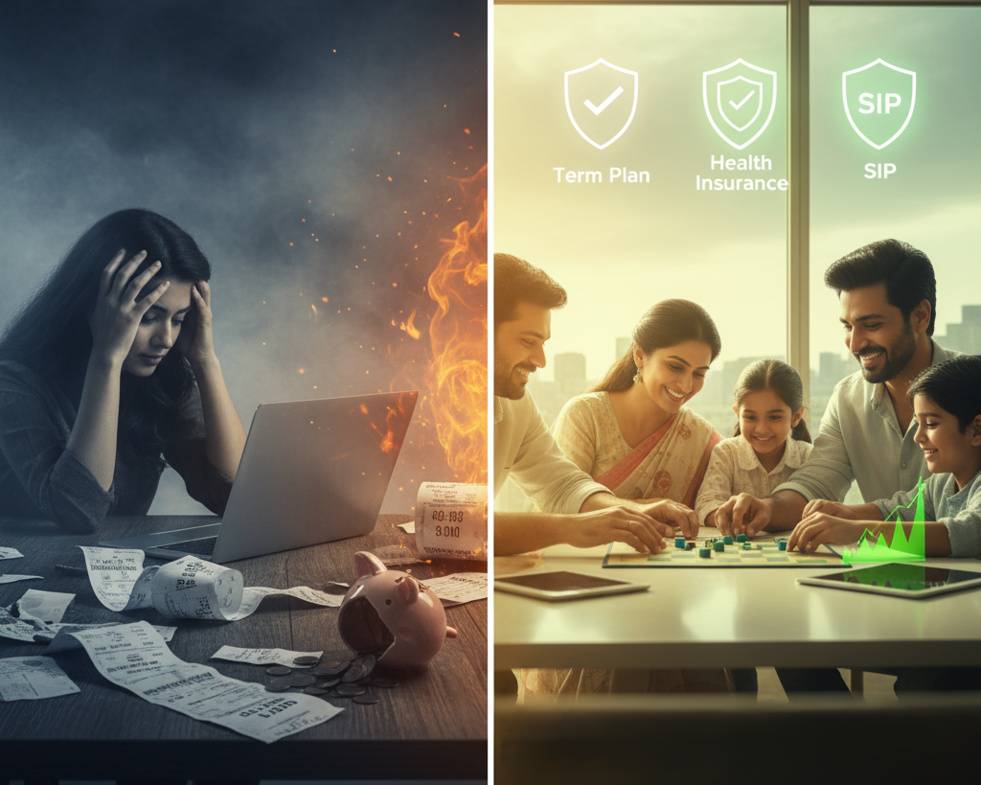 Split-screen scene showing two contrasting worlds — left side dark and chaotic with unpaid bills, broken piggy banks, hospital receipts; right side bright and organized with shield icons and happy family