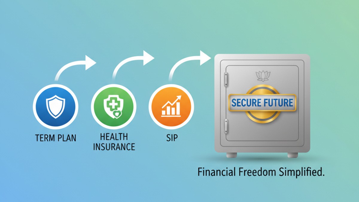 टर्म प्लान + हेल्थ कवर + SIP icons into safety bank vault