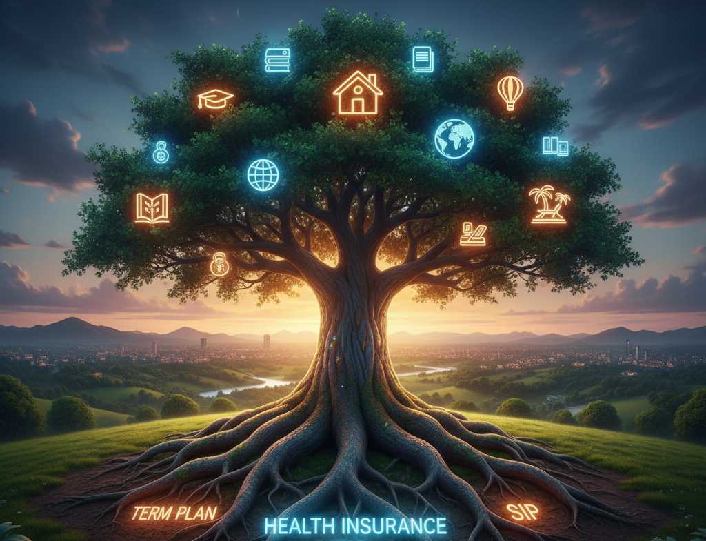 A giant glowing tree with three massive roots underground labeled 'Term Plan', 'Health Insurance', and 'SIP