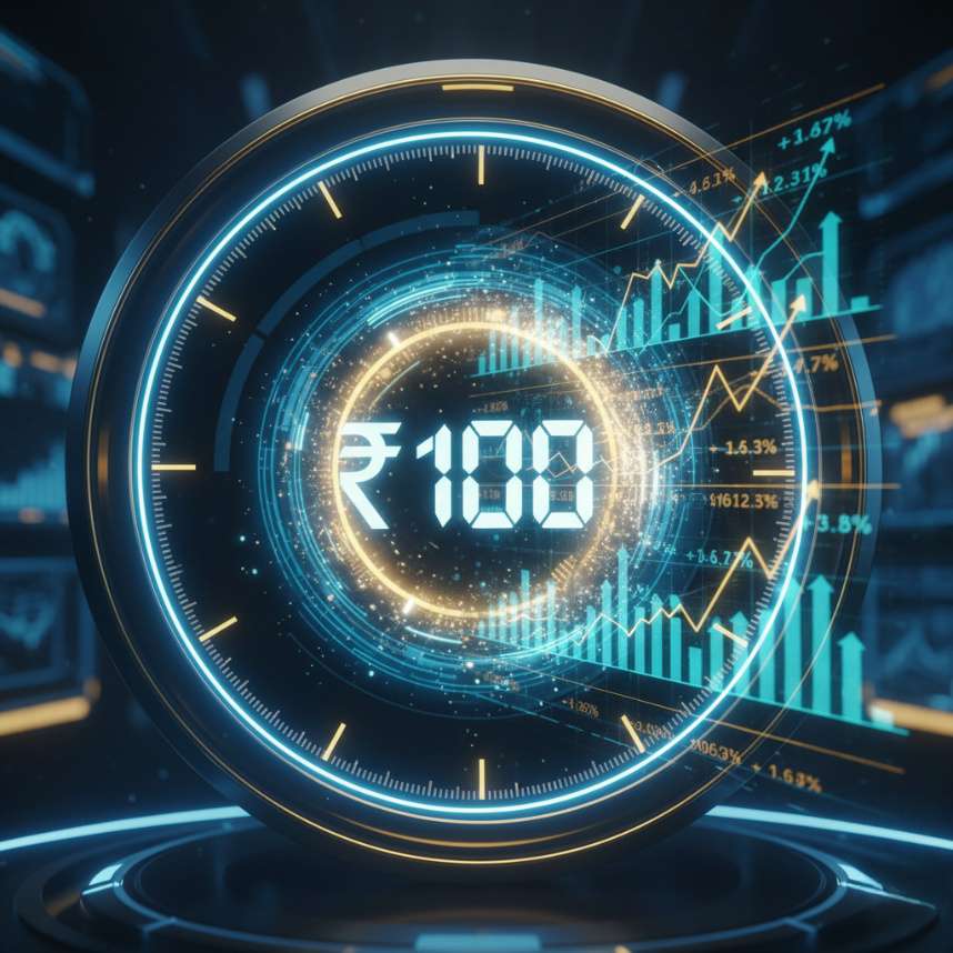 100 rupee speedometer with financial charts