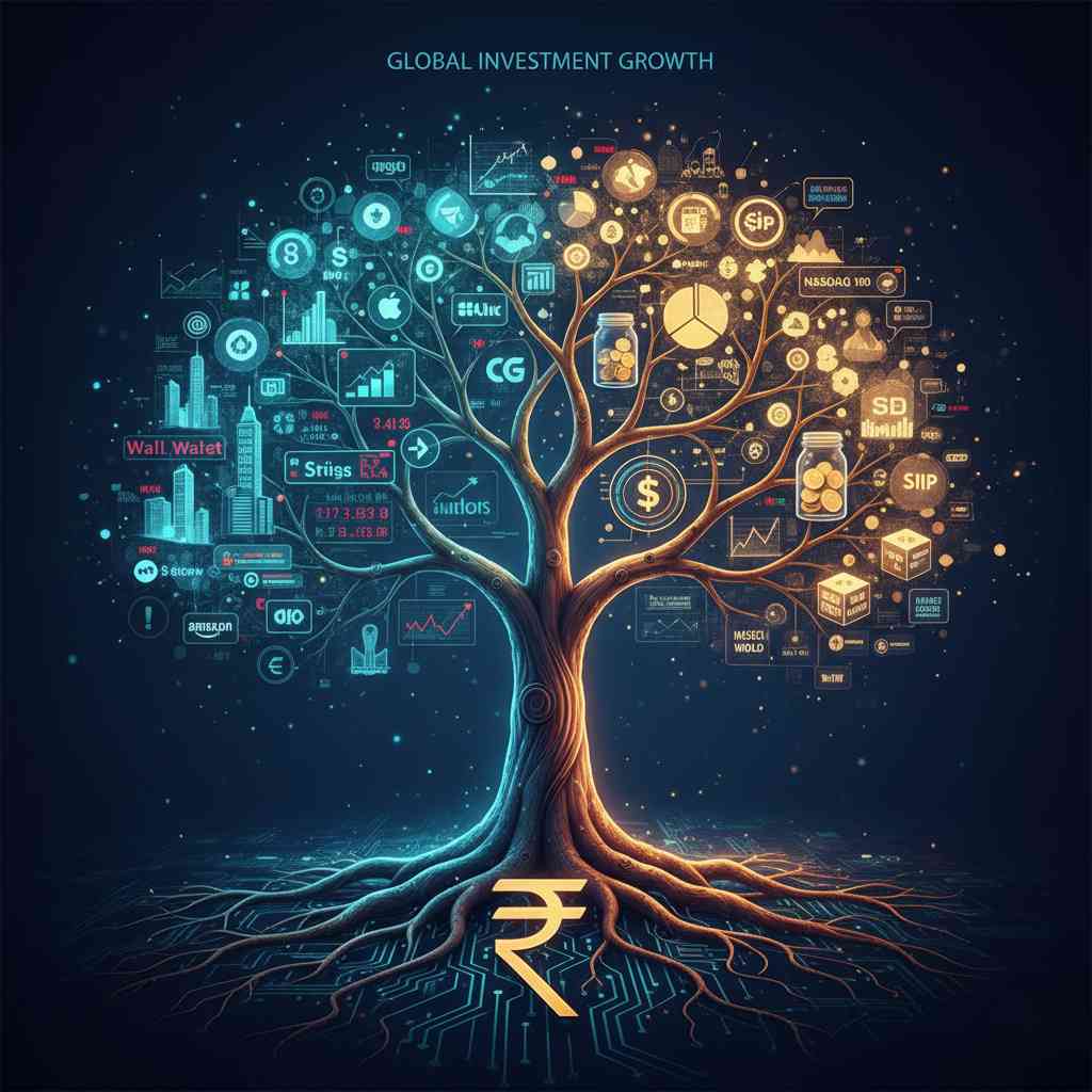 A giant tree with two main glowing branches — one branch sprouting Wall Street icons, stock tickers, and company logos, the other branch sprouting fund jars, diversification pie charts, and global ETFs