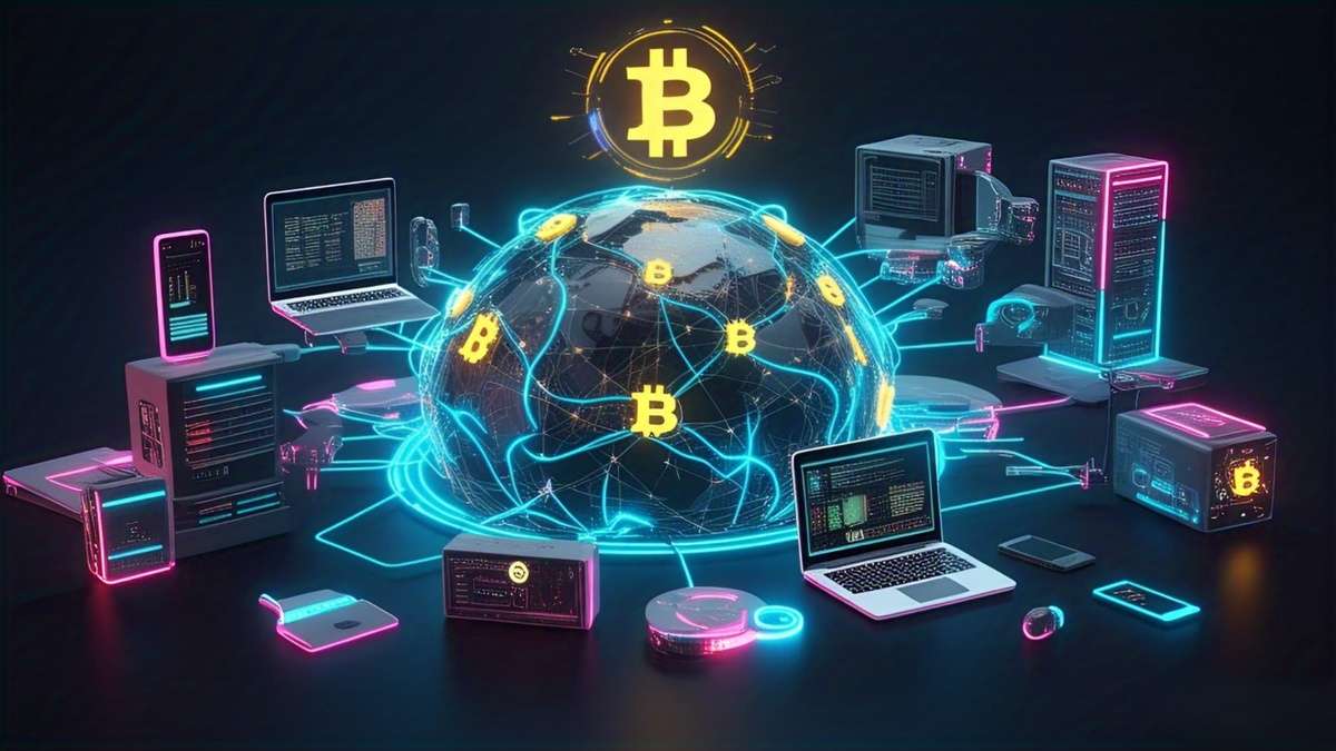 Decentralized finance in bitcoin symbol in center