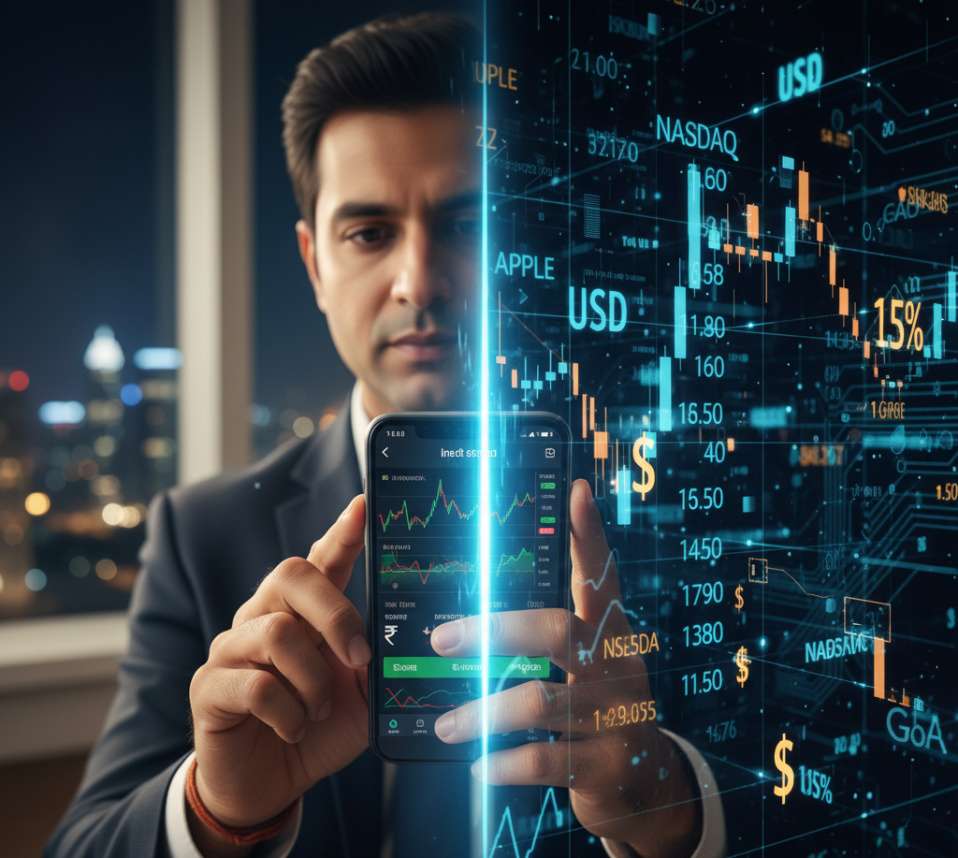 Left half shows an Indian investor using a mobile app in rupees, right half shows glowing US stock market tickers in dollars 