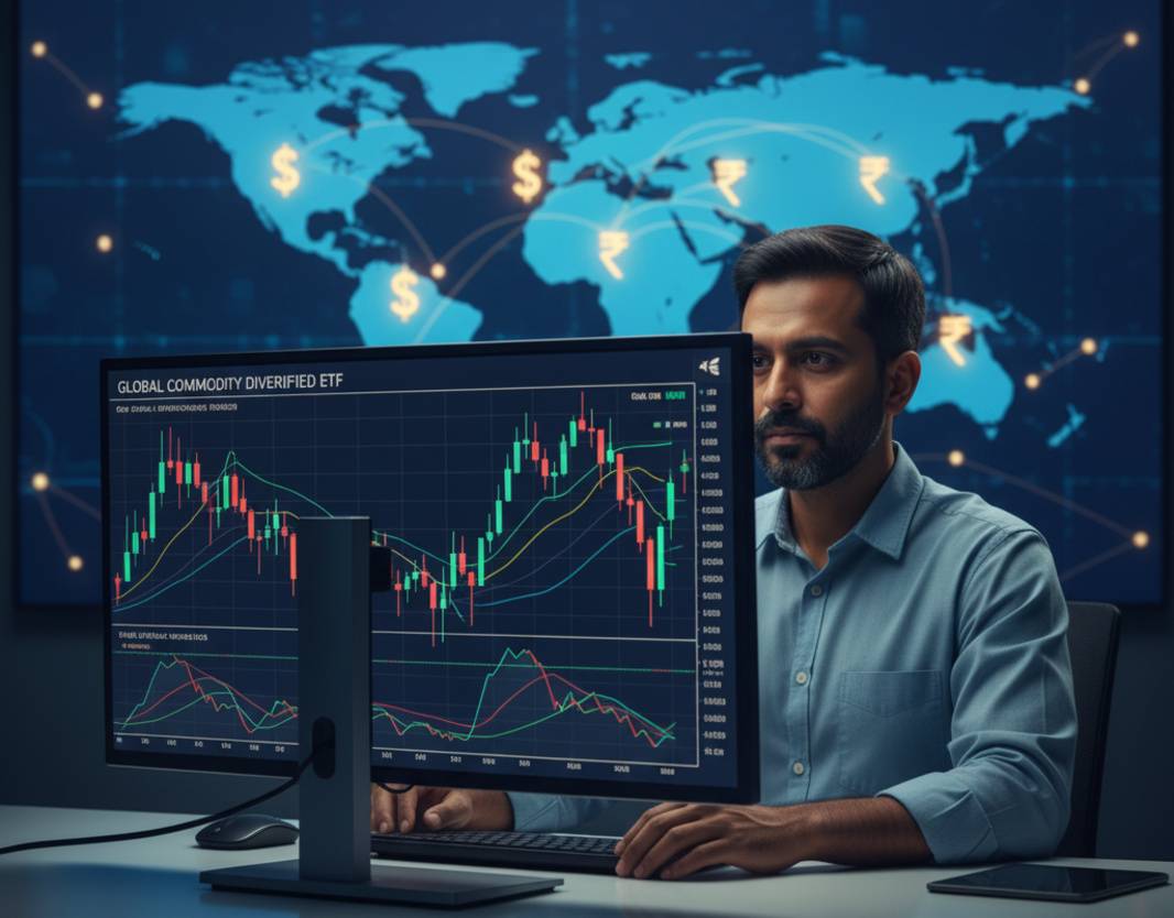 global commodities etf on screen of indian man