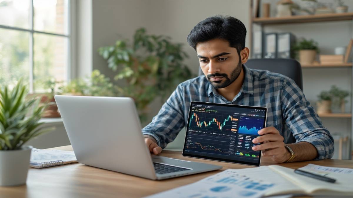 Indian man with screens and crypto