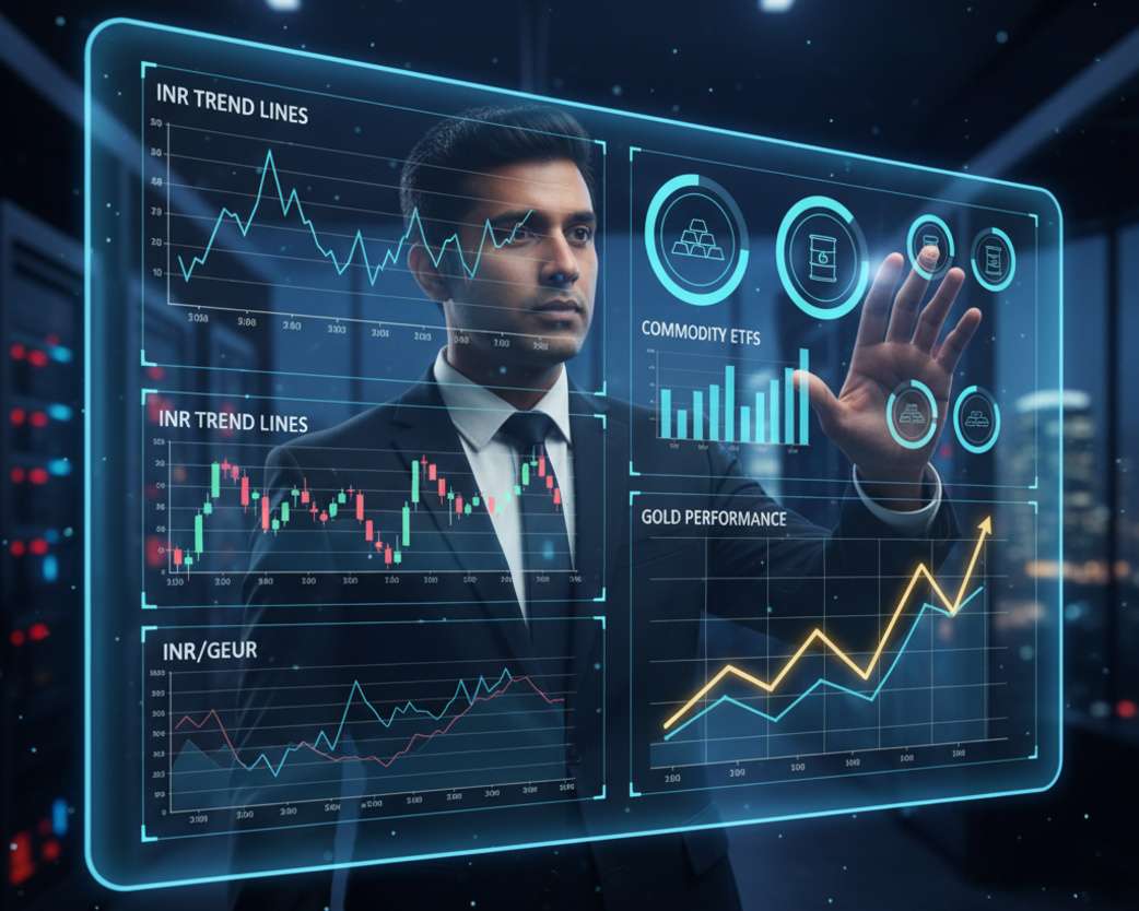 INR Trendlines on screen checked by indian man