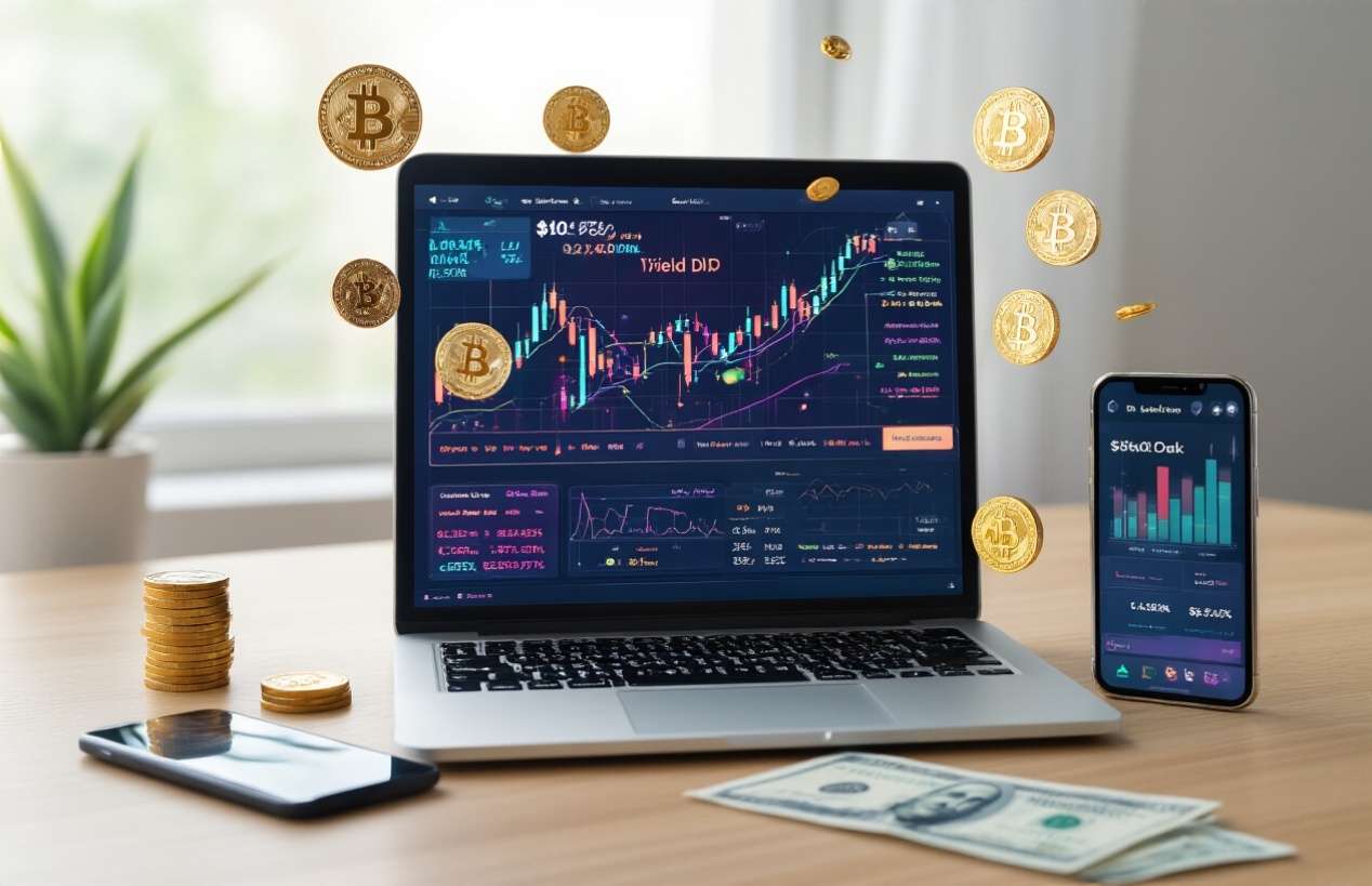 Laptop with bitcoins and crypto symbols around it