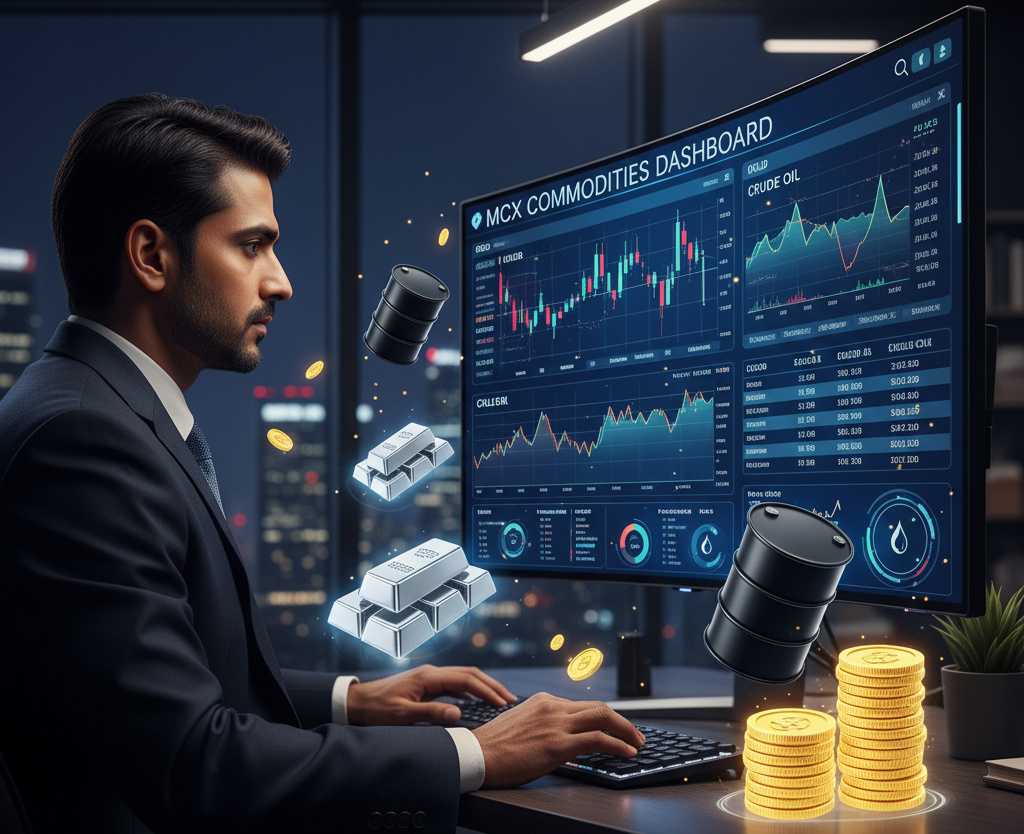 MCX Commodities dashboard on screen of indian man 