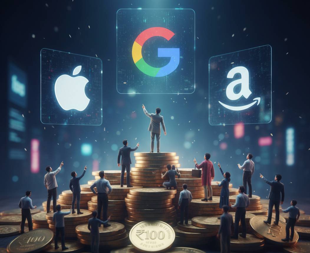 miniature people standing on coins with logos in sky