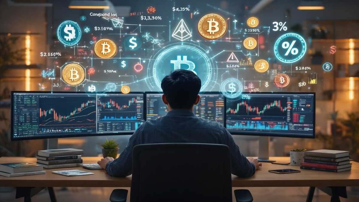 Person with screens and crypto symbols around him