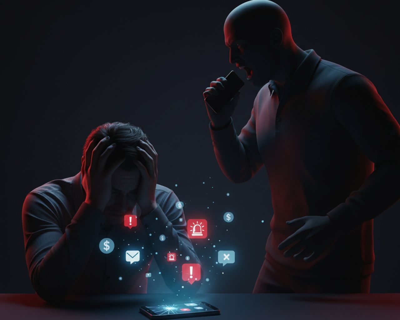 Depiction of recovery agent harassment by fake loan app operators.