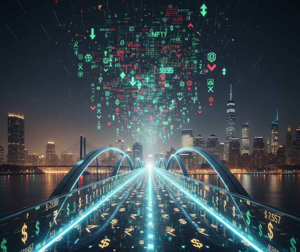 rupee and dollar symbols on bridge connecting India and usa