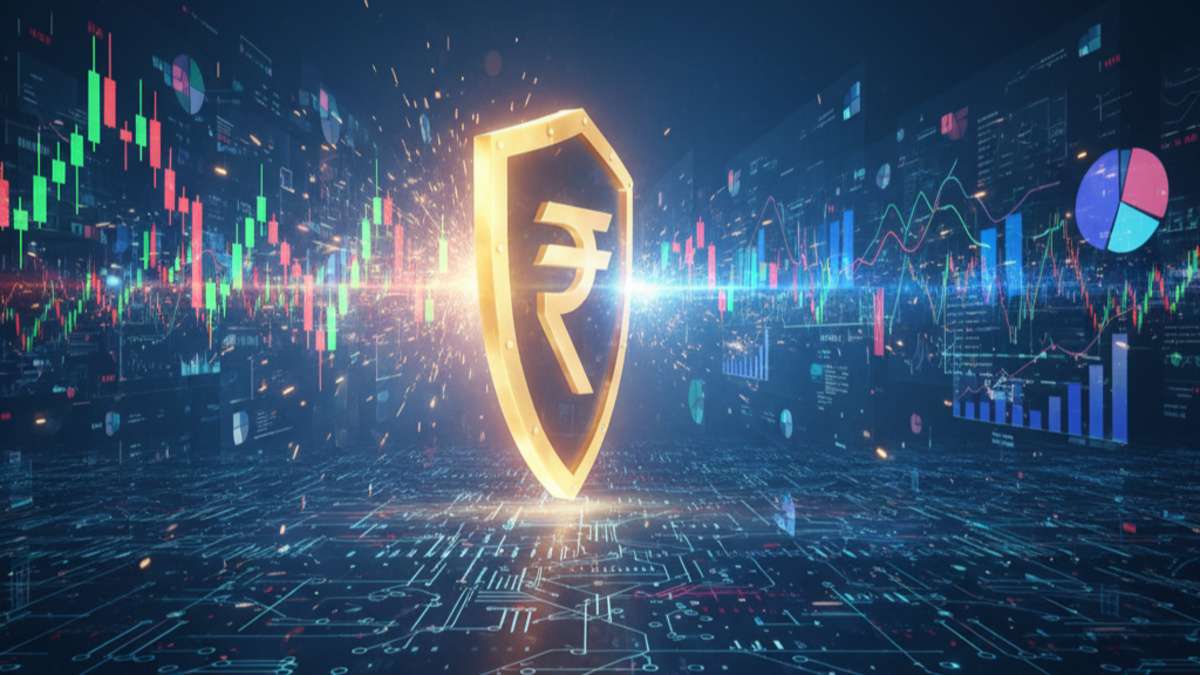 Rupee symbol on shield with financial charts
