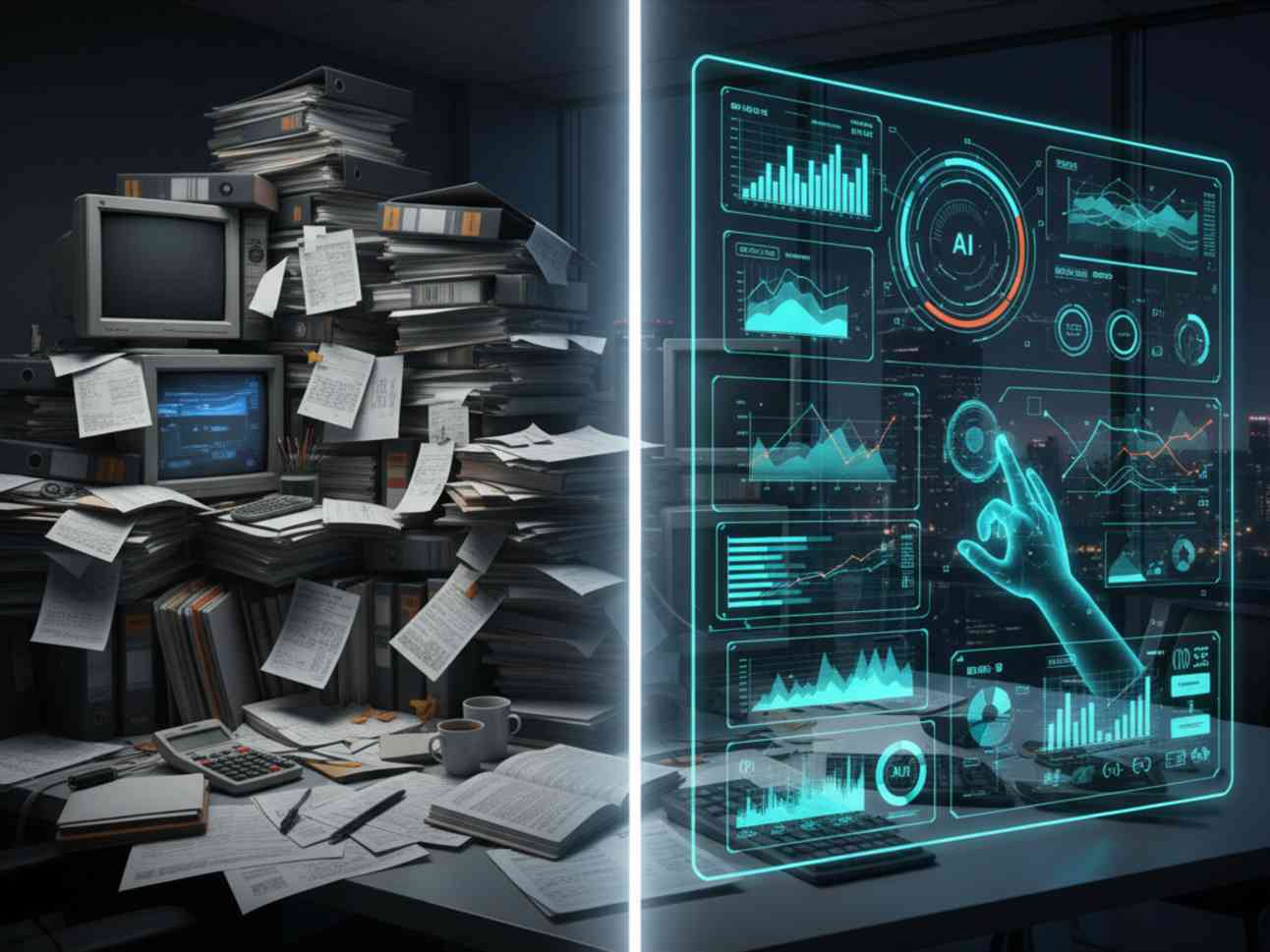 split screen paper work overload vs AI Automation