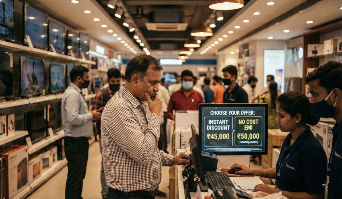 A realistic Indian electronics store checkout scene where a customer is choosing between “Instant Discount ₹45,000” and “No Cost EMI ₹50,000”