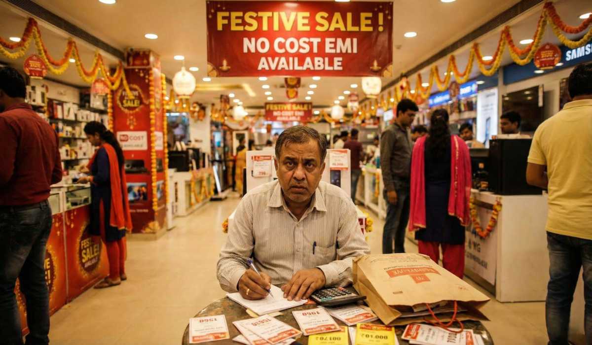 Retail festive sale environment where “No Cost EMI” banner