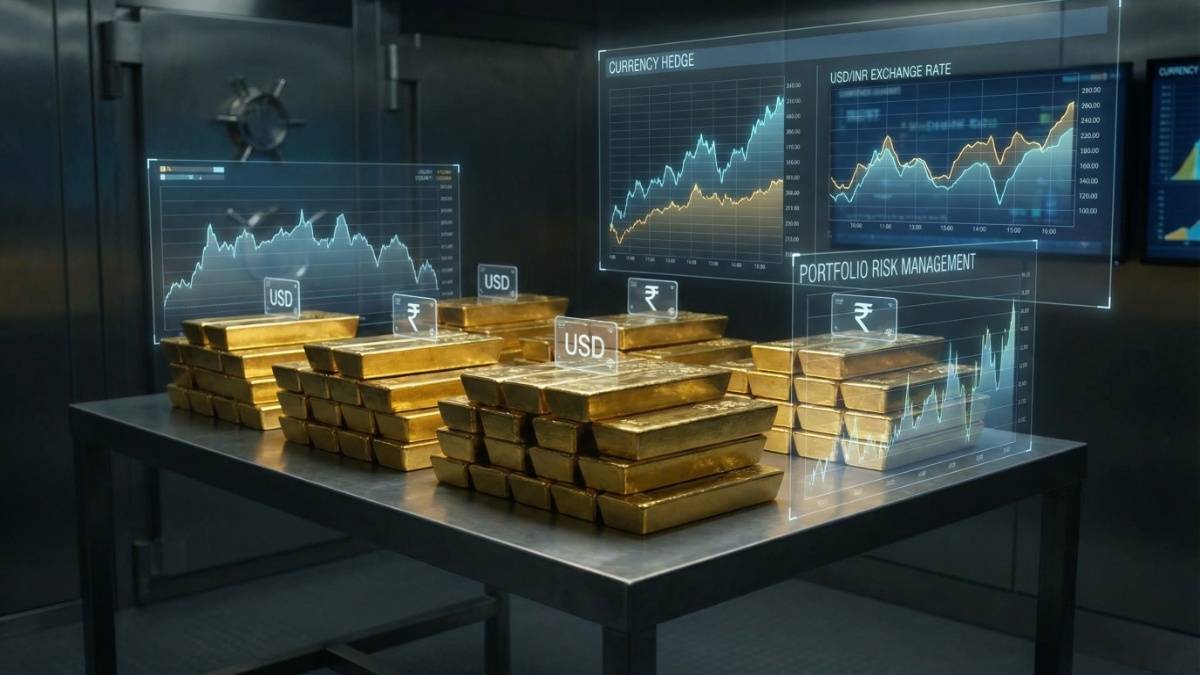 Gold bars with USD tag and INR symbol, currency hedge concept