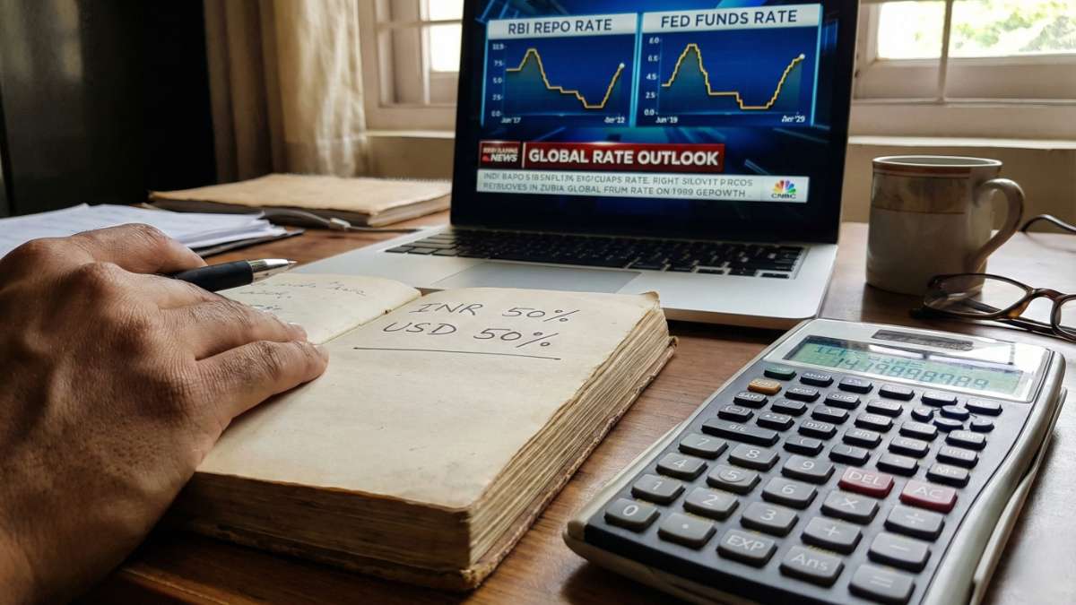 Close-up of notebook with handwritten “INR 50% / USD 50%”, 