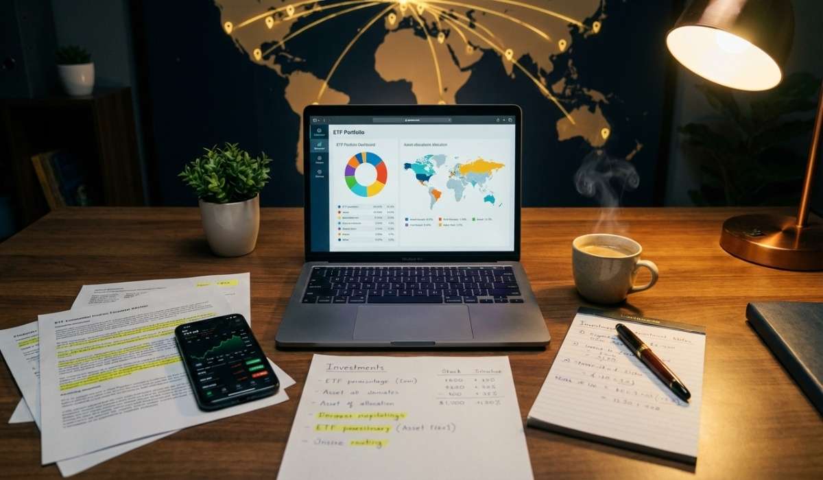 Investment advisor workspace showing ETF portfolio analysis and international diversification strategy for global market exposure