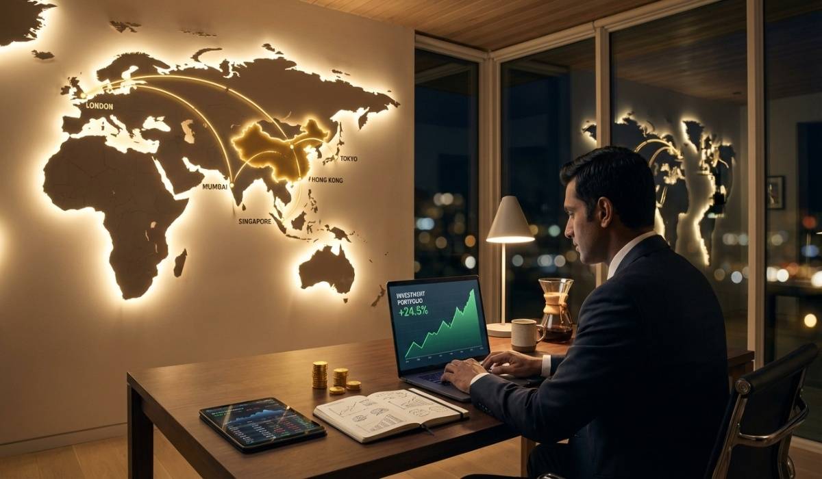 Future of global investment showing Indian investor accessing Asian and European markets with world connectivity visualization