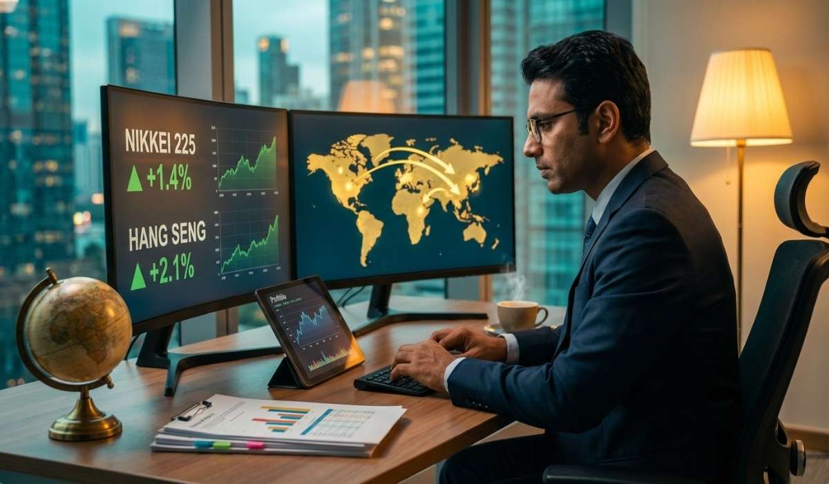 Indian investor analyzing Asian and European market opportunities on dual monitors showing Nikkei 225 and Hong Kong stock exchange data