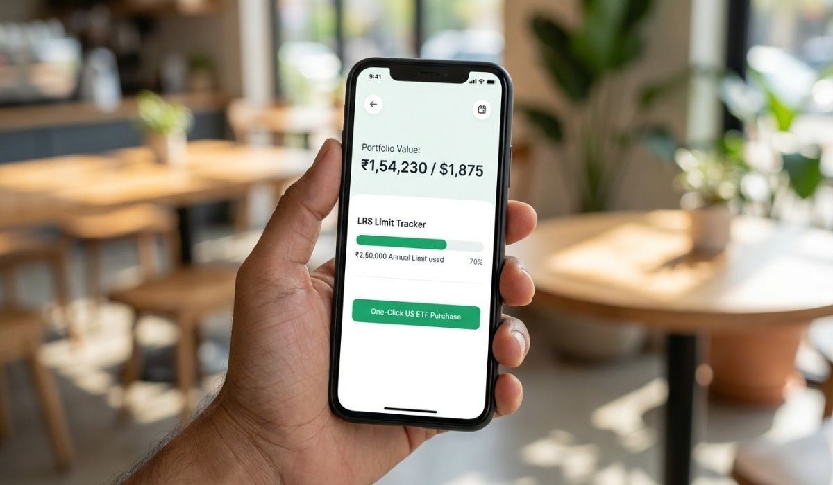 Mobile investment app showing LRS limit and direct US ETF purchase interface for Indian retail investors