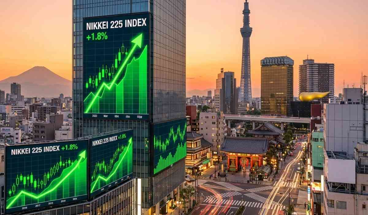 Tokyo financial district at sunset showing Nikkei 225 trading screens and Mount Fuji representing Japanese stock market investment opportunities