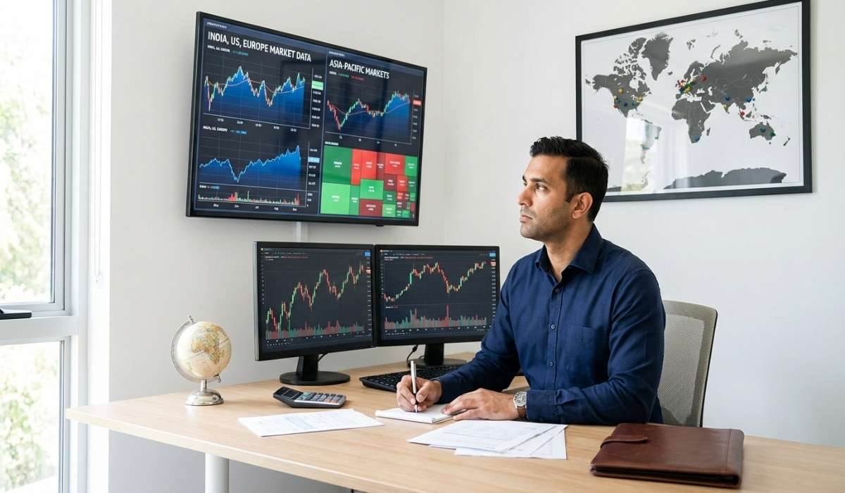 Indian investor rebalancing investment portfolio across global markets analyzing Asia-Pacific and European opportunities